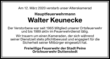 Traueranzeige von Walter Keunecke von Peiner Allgemeine Zeitung