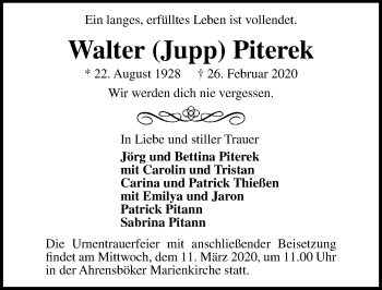 Traueranzeige von Walter Piterek von Lübecker Nachrichten