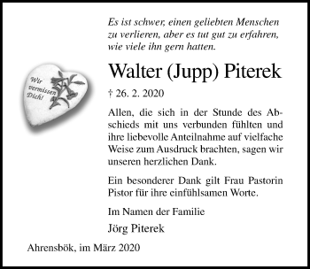 Traueranzeige von Walter Piterek von Lübecker Nachrichten