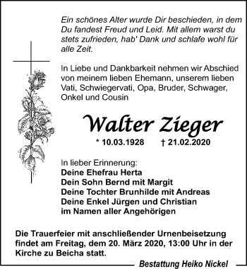 Traueranzeige von Walter Zieger von Leipziger Volkszeitung