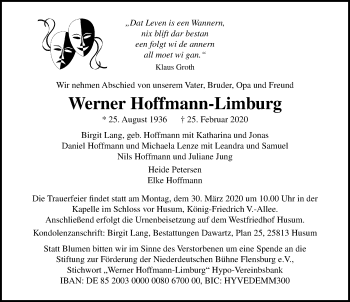 Traueranzeige von Werner Hoffmann-Limburg von Lübecker Nachrichten