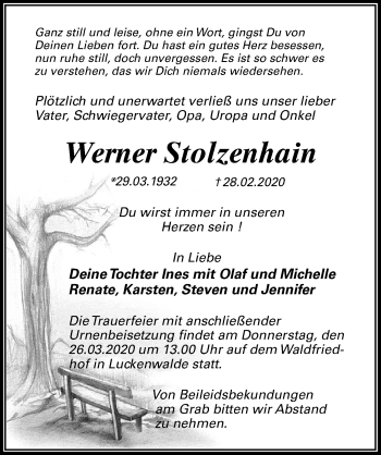Traueranzeige von Werner Stolzenhain von Märkischen Allgemeine Zeitung