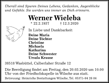 Traueranzeige von Werner Wieleba von Aller Zeitung