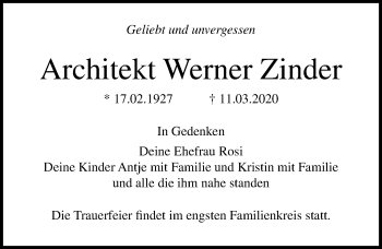 Traueranzeige von Werner Zinder von Ostsee-Zeitung GmbH