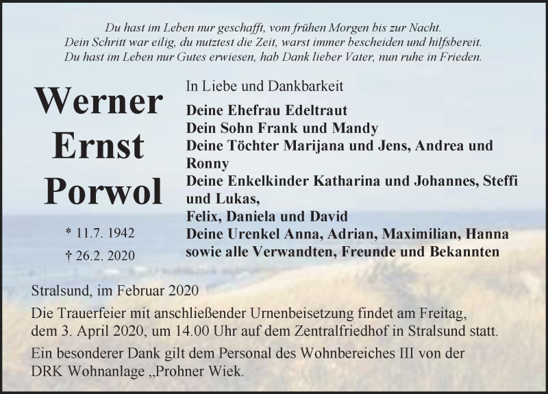  Traueranzeige für Werner Ernst Porwol vom 07.03.2020 aus Ostsee-Zeitung GmbH