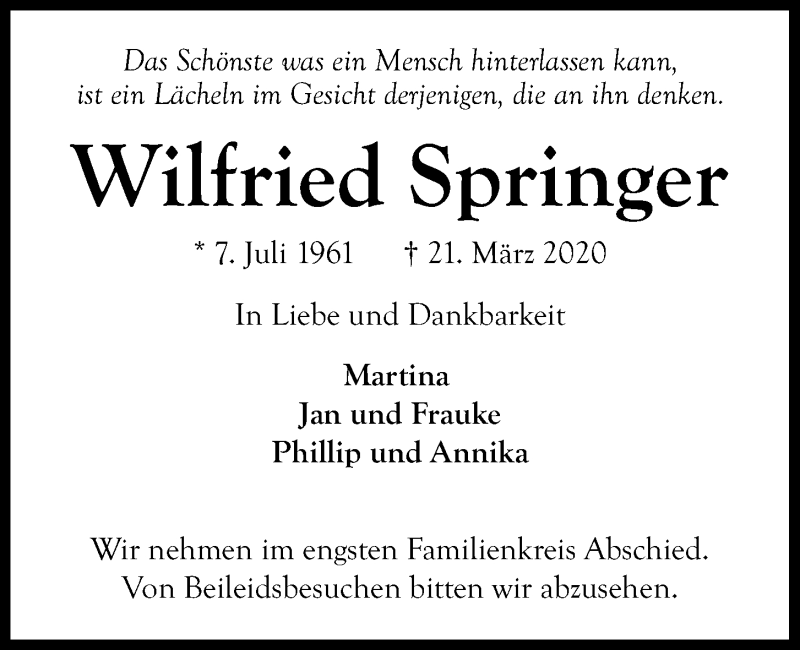  Traueranzeige für Wilfried Springer vom 28.03.2020 aus Kieler Nachrichten