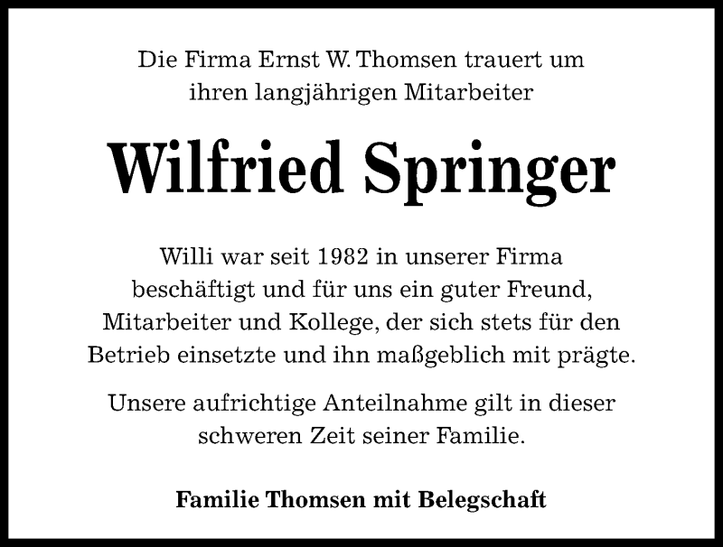  Traueranzeige für Wilfried Springer vom 28.03.2020 aus Kieler Nachrichten