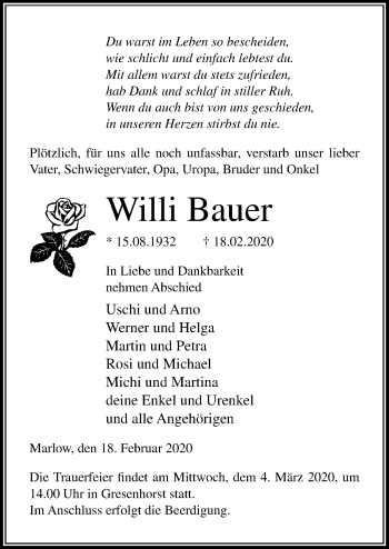 Traueranzeige von Willi Bauer von Ostsee-Zeitung GmbH
