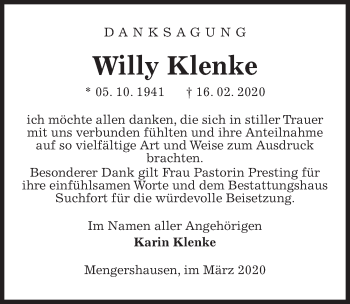 Traueranzeige von Willy Klenke von Göttinger Tageblatt