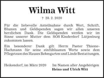 Traueranzeige von Wilma Witt von Kieler Nachrichten