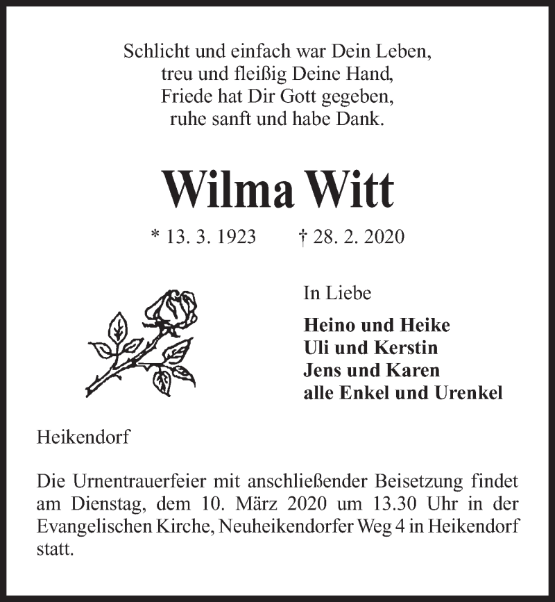  Traueranzeige für Wilma Witt vom 07.03.2020 aus Kieler Nachrichten