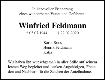 Traueranzeige von Winfried Feldmann von Lübecker Nachrichten