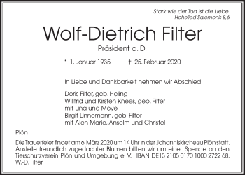 Traueranzeige von Wolf-Dietrich Filter von Kieler Nachrichten