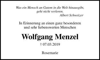 Traueranzeige von Wolfgang Menzel von Lübecker Nachrichten