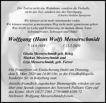 Traueranzeige von Wolfgang  Messerschmidt von Lübecker Nachrichten