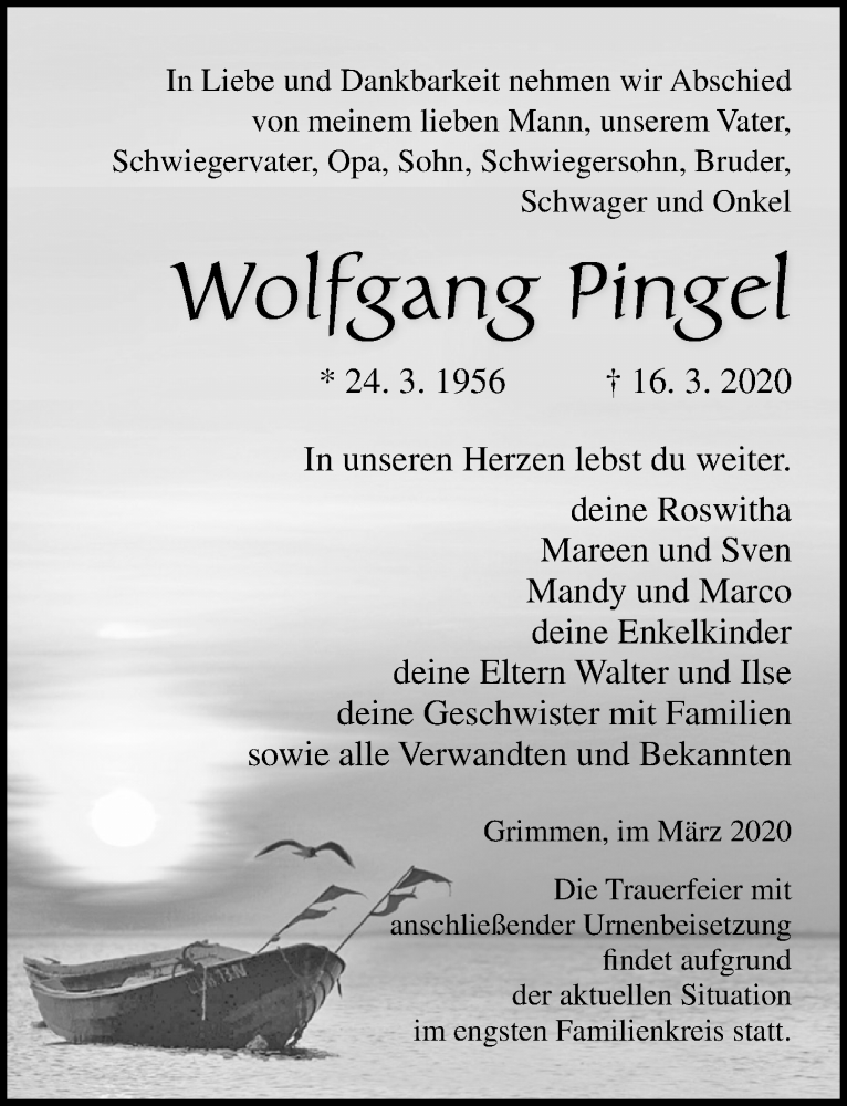  Traueranzeige für Wolfgang Pingel vom 28.03.2020 aus Ostsee-Zeitung GmbH