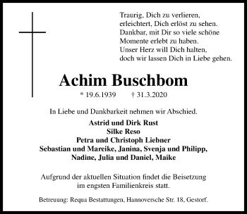 Traueranzeige von Achim Buschbom von Hannoversche Allgemeine Zeitung/Neue Presse