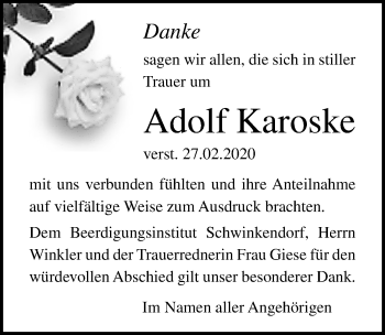 Traueranzeige von Adolf Karoske von Ostsee-Zeitung GmbH