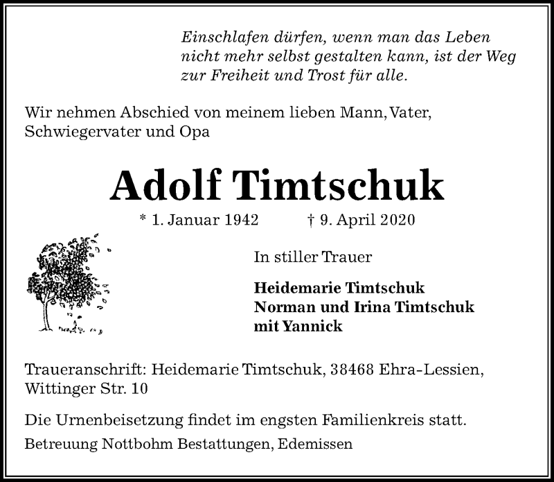  Traueranzeige für Adolf Timtschuk vom 15.04.2020 aus Aller Zeitung
