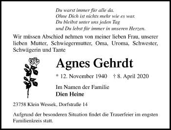 Traueranzeige von Agnes Gehrdt von Lübecker Nachrichten