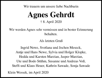 Traueranzeige von Agnes Gehrdt von Lübecker Nachrichten