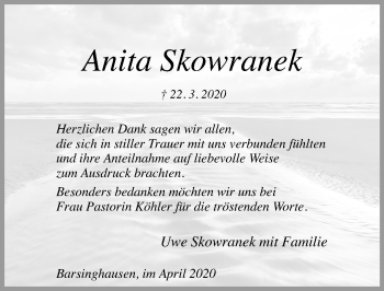 Traueranzeige von Anita Skowranek von Hannoversche Allgemeine Zeitung/Neue Presse