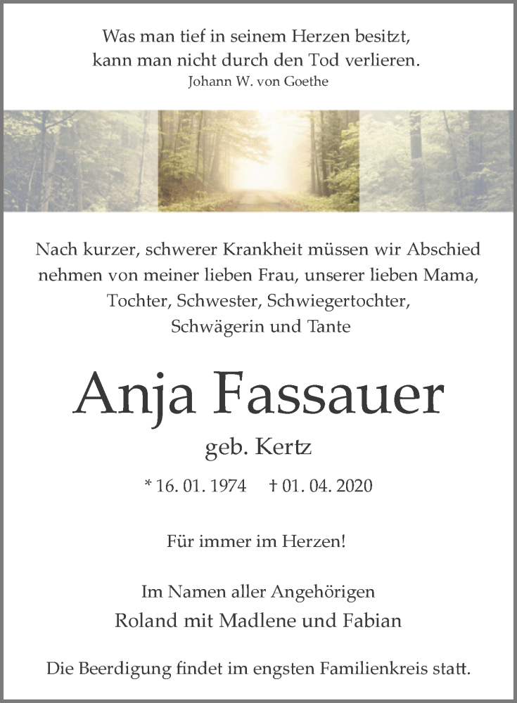  Traueranzeige für Anja Fassauer vom 04.04.2020 aus Märkischen Allgemeine Zeitung
