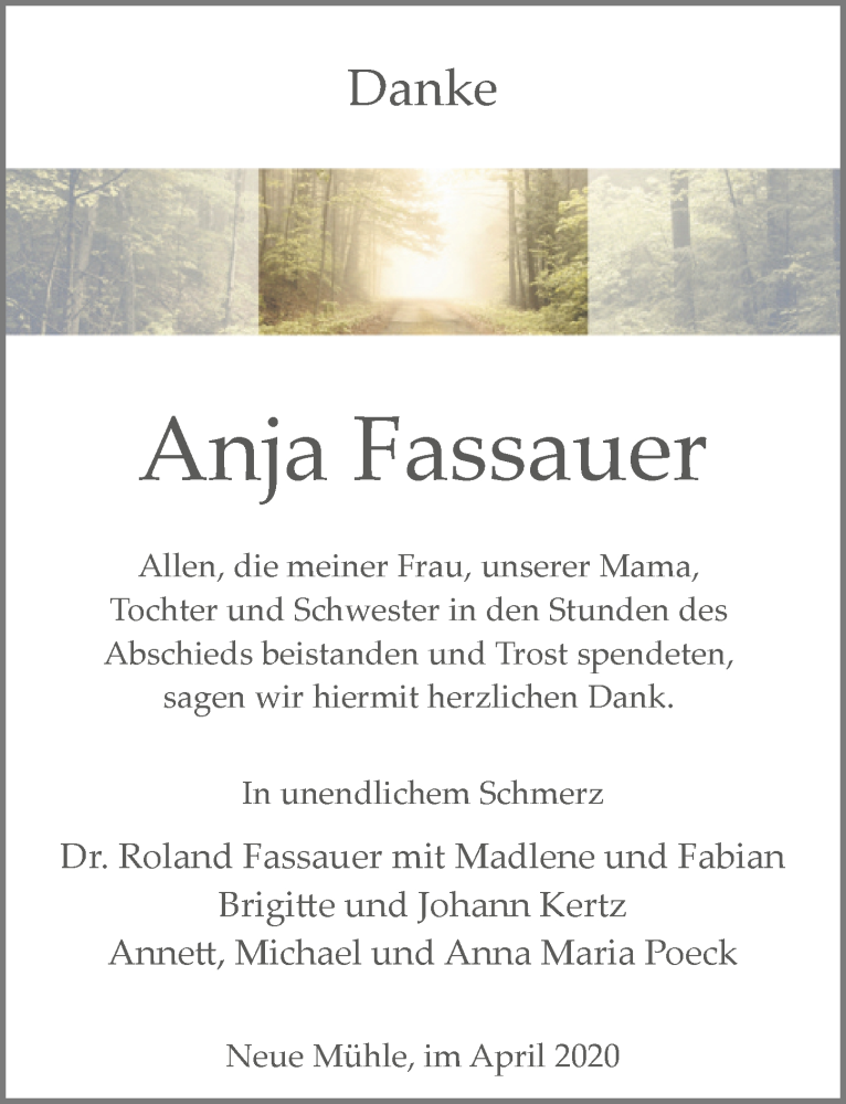  Traueranzeige für Anja Fassauer vom 18.04.2020 aus Märkischen Allgemeine Zeitung