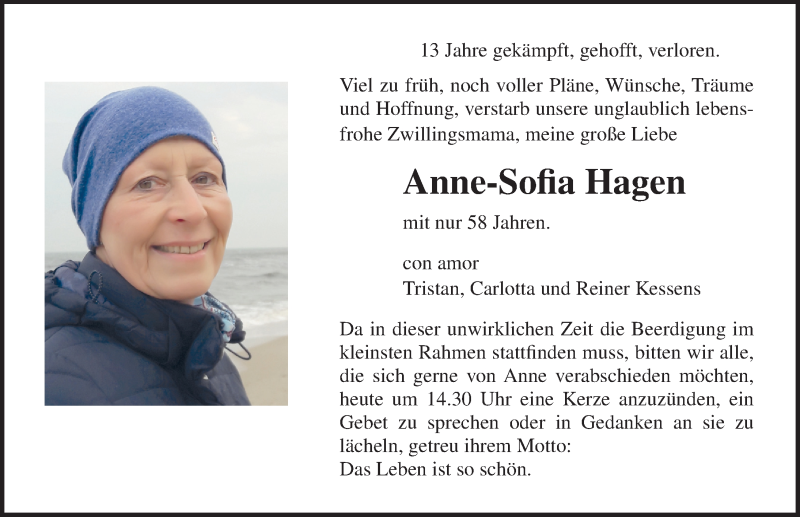  Traueranzeige für Anne-Sofia Hagen vom 25.04.2020 aus Ostsee-Zeitung GmbH