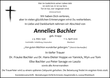 Traueranzeige von Annelies Bachler von Hannoversche Allgemeine Zeitung/Neue Presse