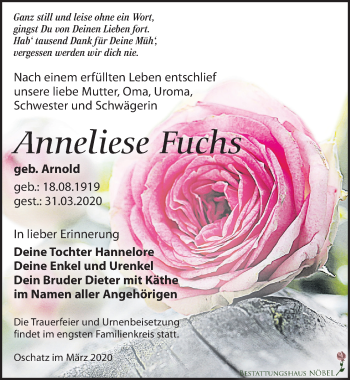 Traueranzeige von Anneliese Fuchs von Leipziger Volkszeitung