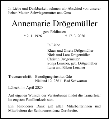 Traueranzeige von Annemarie Drögemüller von Lübecker Nachrichten