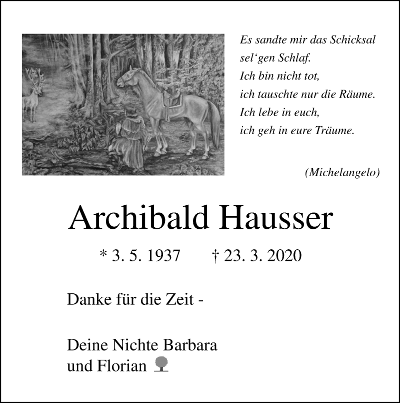  Traueranzeige für Archibald Hausser vom 19.04.2020 aus Lübecker Nachrichten