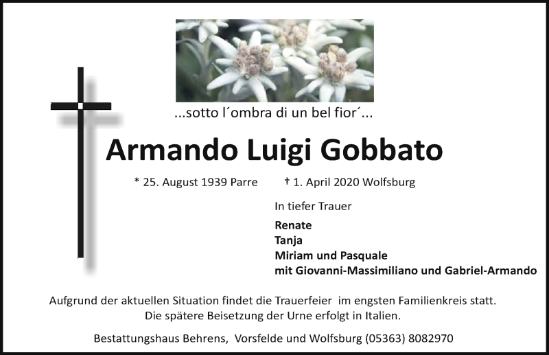  Traueranzeige für Armando Luigi Gobbato vom 04.04.2020 aus Aller Zeitung