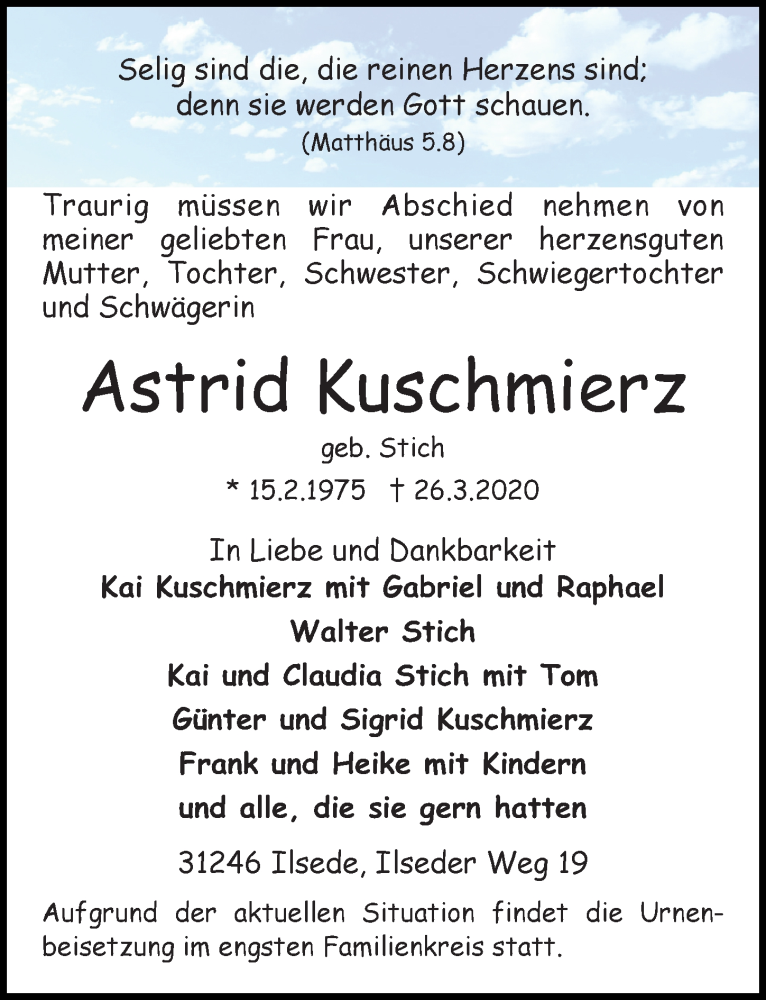  Traueranzeige für Astrid Kuschmierz vom 03.04.2020 aus Peiner Allgemeine Zeitung