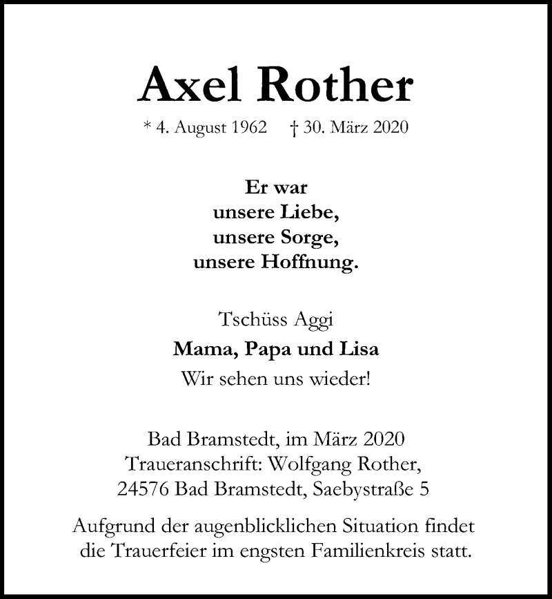  Traueranzeige für Axel Rother vom 04.04.2020 aus Kieler Nachrichten