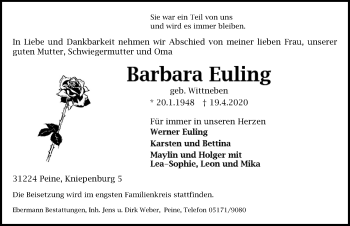 Traueranzeige von Barbara Euling von Peiner Allgemeine Zeitung