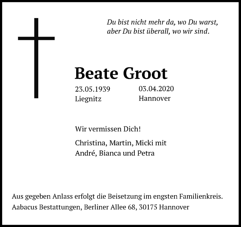  Traueranzeige für Beate Groot vom 08.04.2020 aus Hannoversche Allgemeine Zeitung/Neue Presse