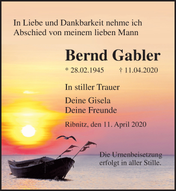 Traueranzeige von Bernd Gabler von Ostsee-Zeitung GmbH