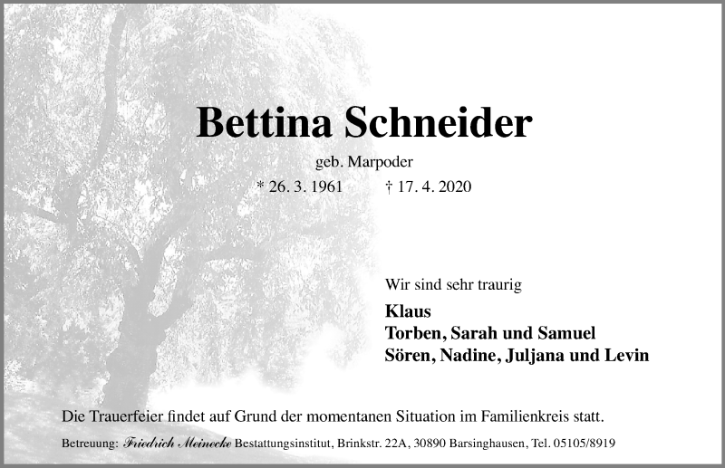  Traueranzeige für Bettina Schneider vom 21.04.2020 aus Hannoversche Allgemeine Zeitung/Neue Presse