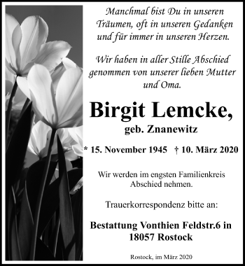 Traueranzeige von Birgit Lemcke von Ostsee-Zeitung GmbH