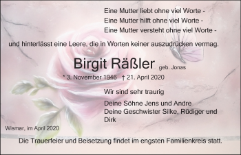 Traueranzeige von Birgit Räßler von Ostsee-Zeitung GmbH