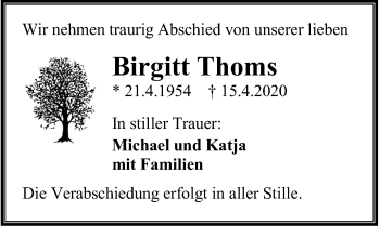 Traueranzeige von Birgitt Thoms von Ostsee-Zeitung GmbH
