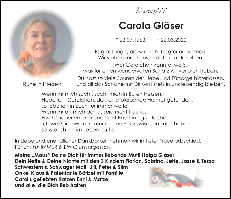  Traueranzeige für Carola Gläser vom 16.04.2020 aus Aller Zeitung