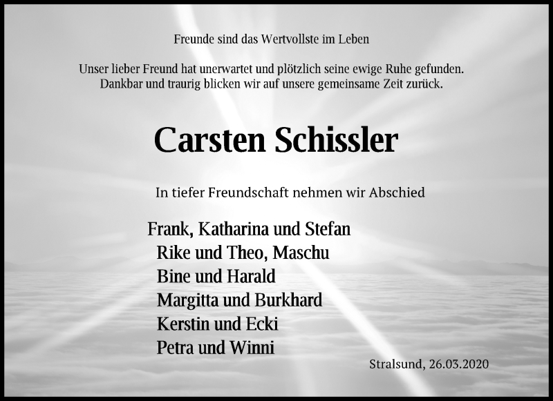  Traueranzeige für Carsten Schissler vom 11.04.2020 aus Ostsee-Zeitung GmbH