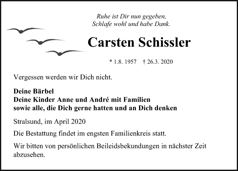  Traueranzeige für Carsten Schissler vom 04.04.2020 aus Ostsee-Zeitung GmbH