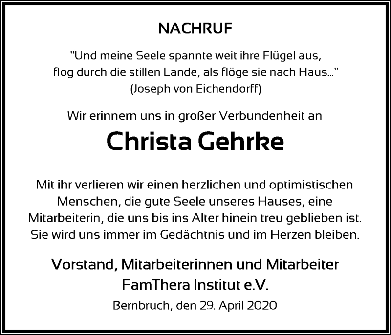  Traueranzeige für Christa Gehrke vom 29.04.2020 aus Leipziger Volkszeitung