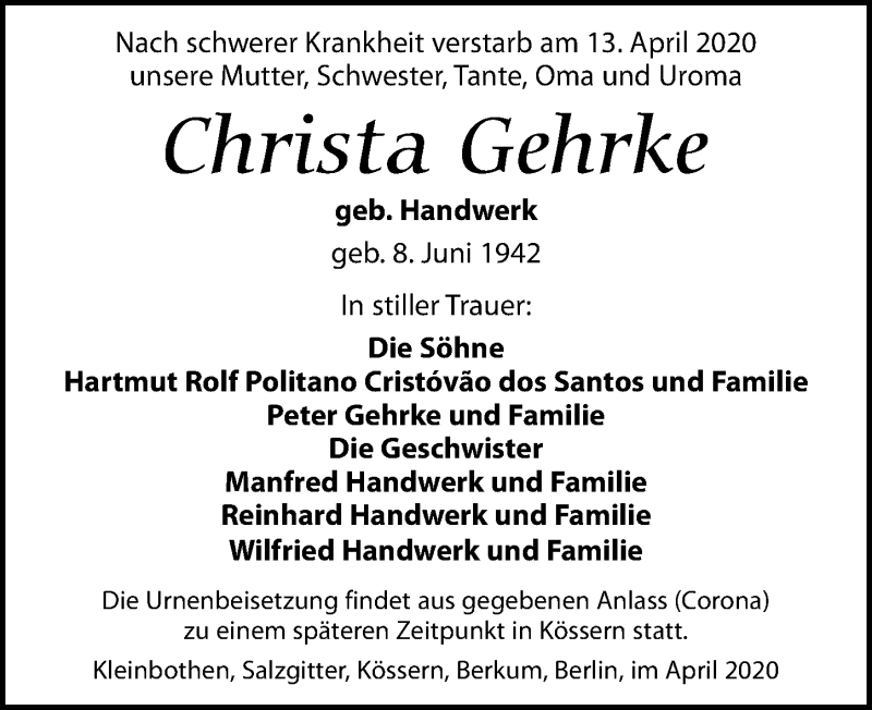  Traueranzeige für Christa Gehrke vom 22.04.2020 aus Leipziger Volkszeitung
