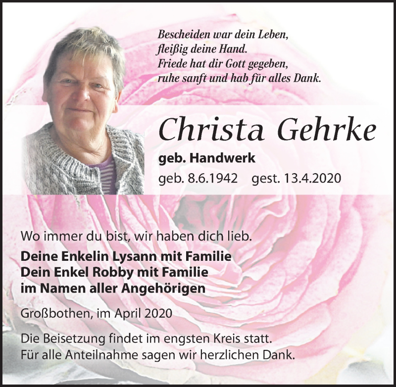  Traueranzeige für Christa Gehrke vom 18.04.2020 aus Leipziger Volkszeitung