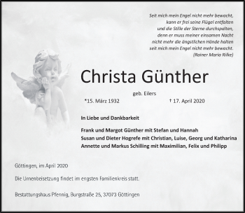 Traueranzeige von Christa Günther von Göttinger Tageblatt